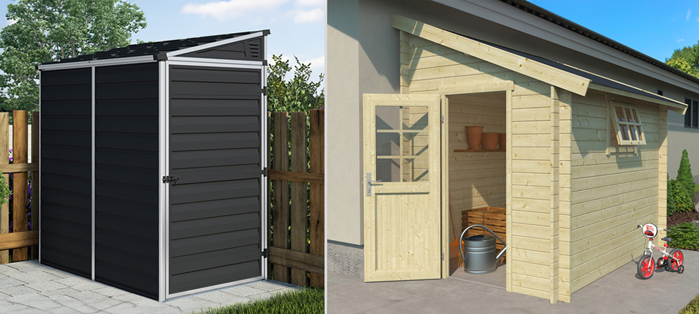 Trädgårdsskjul mot vägg