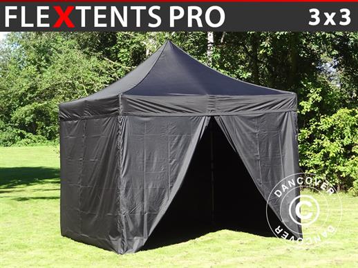 Vouwtent/Easy up tent FleXtents PRO 3x3m Zwart, inkl. 4 zijwanden