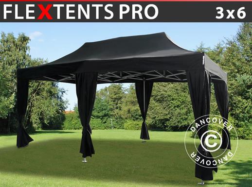 Vouwtent/Easy up tent FleXtents PRO 3x6m Zwart, incl. 6 decoratieve gordijnen