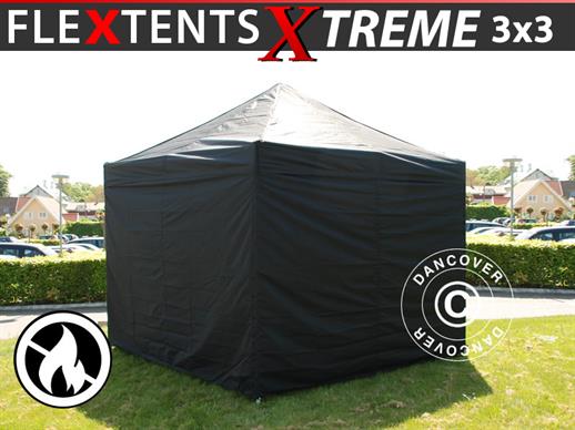 Vouwtent/Easy up tent FleXtent Xtreme 3x3m Zwart, Vlamvertragende, inkl. 4 Zijwanden