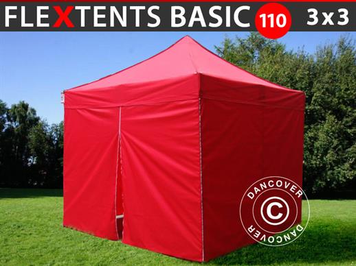 Tente pliante FleXtents Basic 110, 3x3m Rouge, avec 4 cotés