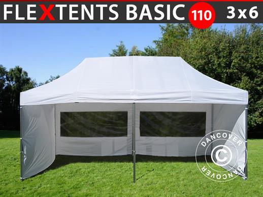Vouwtent/Easy up tent FleXtents Basic 110, 3x6m Wit, inkl. 6 Zijwanden