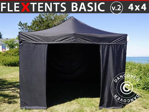 Vouwtent/Easy up tent FleXtents Basic v.2, 4x4m Zwart, inkl. 4 Zijwanden