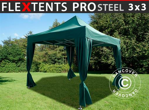 Quick-up telt FleXtents PRO Steel 3x3m Grønn, inkl. 4 dekorative gardiner