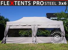 Event tent FleXtents PRO Steel "Peaked" 3x6 m Latte, incl. 6 sidewalls and 6 decorative curtains