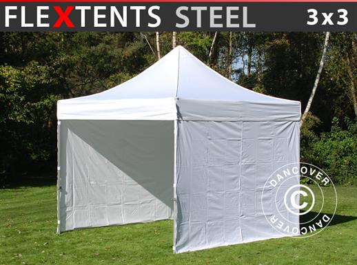 Faltzelt FleXtents Steel 3x3m Weiß, mit 4 Seitenwänden