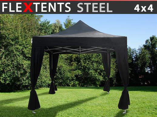 Tente pliante FleXtents Steel 4x4m Noir, incl. 4 rideaux decoratifs