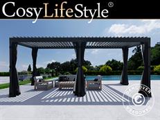Bioklimatska pergola sjenica Monterey, 4x8m, sa zavjesama i mrežom za komarce, Crna