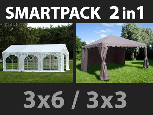 SmartPack 2-i-1 lösning: Partytält Original 3x6m, Vitt/Paviljong 3x3m, Sand