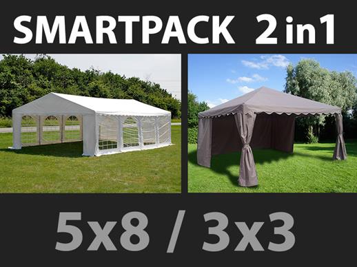 SmartPack 2-i-1 lösning: Partytält Original 5x8m, Vitt/Paviljong 3x3m, Sand