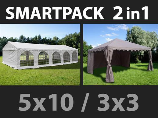 SmartPack 2-i-1 lösning: Partytält Original 5x10m, Vitt/Paviljong 3x3m, Sand