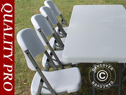 Pacchetto Party, 1 tavolo pieghevole (150 cm) + 4 sedie, Grigio chiaro