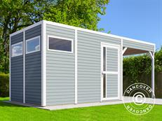 Træskur m/udhæng, Bertilo Cubus 3L, 5,58x2,34x2,32m, 7,65m²+5,15m², Grå