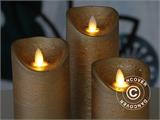 LED Wax Candle, Ø7.5 cm, 3 pcs. set, Gold ONLY 8 SETS LEFT