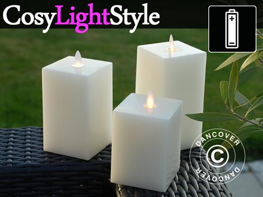 LED Wax Candle, Square 7.5x7.5 cm, 3 pcs set, White ONLY 4 SETS LEFT