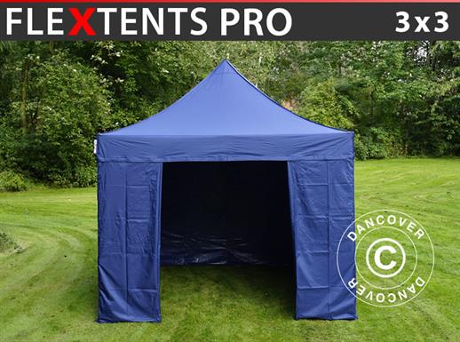 Tente pliante FleXtents PRO 3x3m Bleu foncé, avec 4 cotés