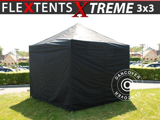 Vouwtent/Easy up tent FleXtent Xtreme 3x3m Zwart, inkl. 4 Zijwanden