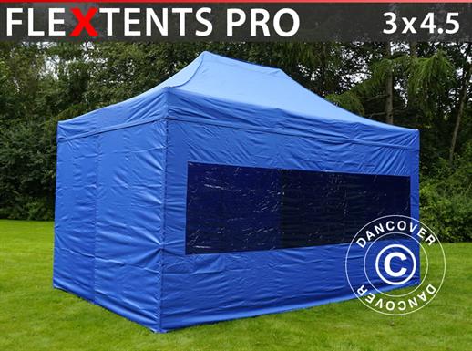 Gazebo pieghevole FleXtents PRO 3x4,5m Blu, inclusi 4 fianchi