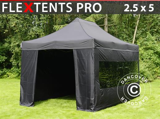Tente Pliante FleXtents PRO 2,5x5m Noir, avec 6 cotés
