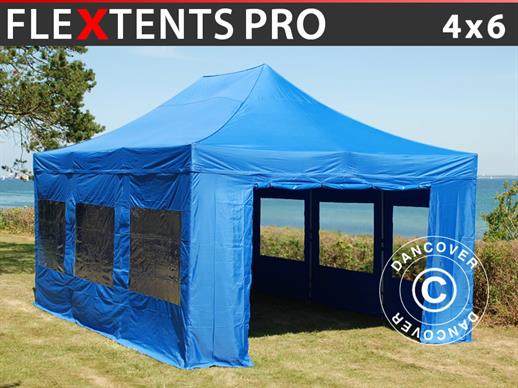 Vouwtent/Easy up tent FleXtents PRO 4x6m Blauw, inkl. 8 zijwanden
