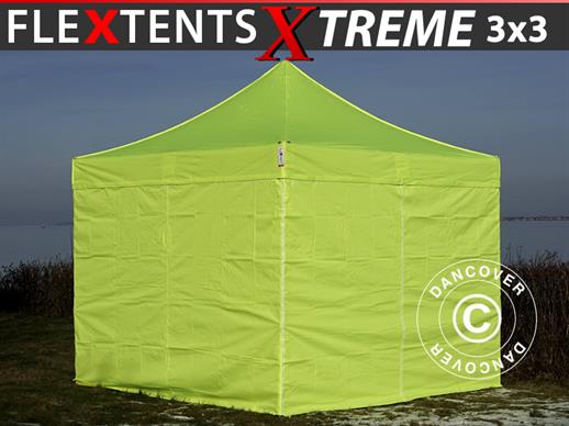 Tente pliante FleXtents Xtreme 3x3m Néon jaune/vert, avec 4 cotés