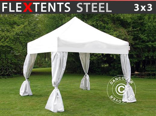 Vouwtent/Easy up tent FleXtents Steel 3x3m Wit, incl. 4 decoratieve gordijnen