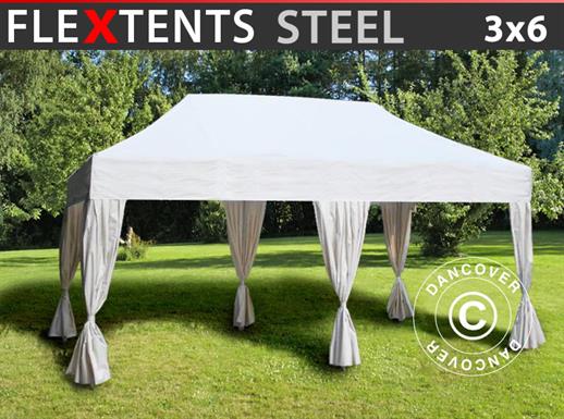 Carpa plegable FleXtents Steel 3x6m Blanco, incluye 6 cortinas decorativas