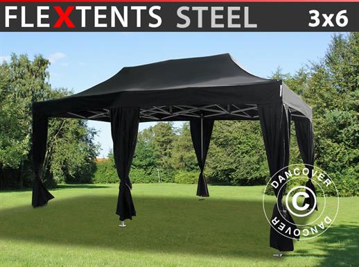 Pop up gazebo FleXtents Steel 3x6 m Black, incl. 6 decorative curtains