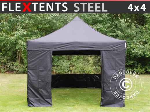 Tente pliante FleXtents Steel 4x4m Noir, avec 4 cotés