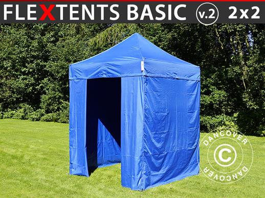 Vouwtent/Easy up tent FleXtents Basic v.2, 2x2m Blauw, inkl. 4 Zijwanden