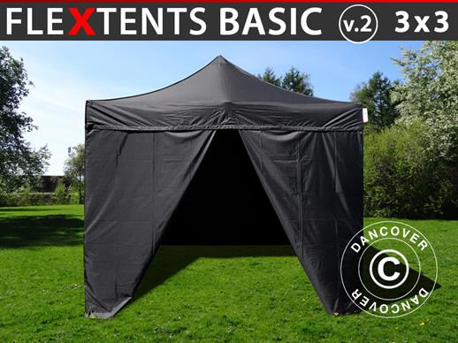 Vouwtent/Easy up tent FleXtents Basic v.2, 3x3m Zwart, inkl. 4 Zijwanden
