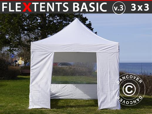 Vouwtent/Easy up tent FleXtents Basic v.3, 3x3m Wit, inkl. 4 Zijwanden