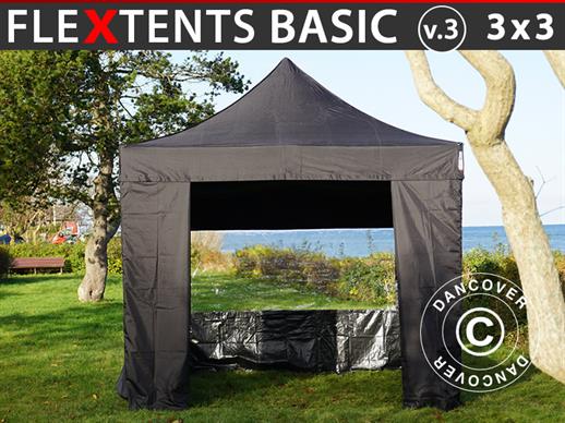 Tente pliante FleXtents Basic v.3, 3x3m Noir, avec 4 cotés