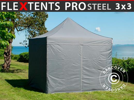 Vouwtent/Easy up tent FleXtents PRO Steel 3x3m Grijs, inkl. 4 Zijwanden