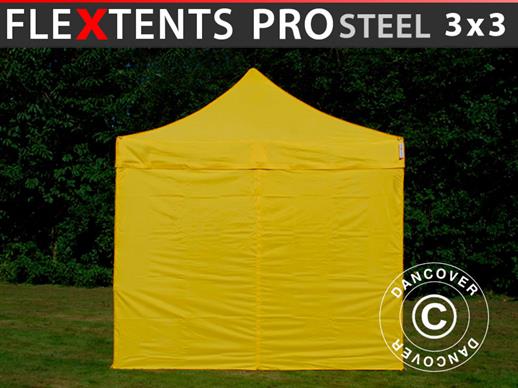 Quick-up telt FleXtents PRO Steel 3x3m Gul, inkl. 4 sider