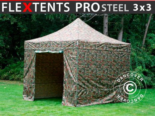 Quick-up telt FleXtents PRO Steel 3x3m Kamuflasje, inkl. 4 sider