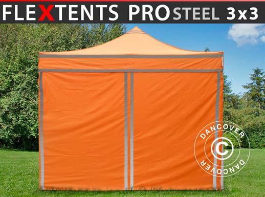 Faltzelt FleXtents PRO Steel Arbeitszelt 3x3m Orange mit Reflektorbändern, mit 4 Seitenwänden