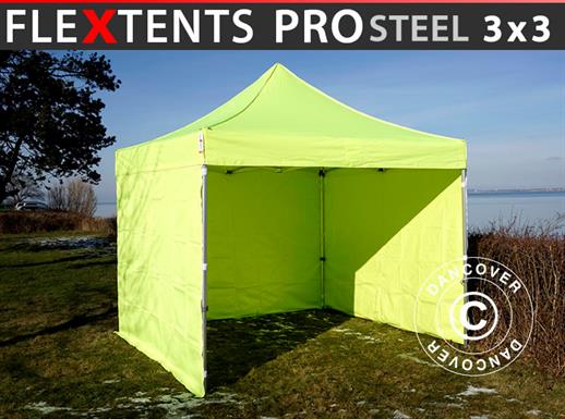 Tenda Dobrável FleXtents PRO Steel 3x3m Amarelo néon/verde, incl. 4 paredes laterais