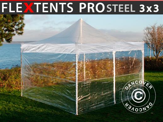 Faltzelt FleXtents PRO Steel 3x3m Transparent, mit 4 Seitenwänden