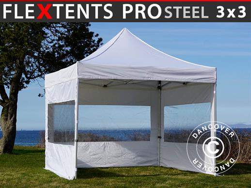 Faltzelt FleXtents PRO Steel 3x3m Weiß, mit 4 Seitenwänden