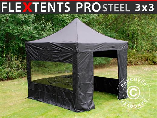 Quick-up telt FleXtents PRO Steel 3x3m Svart, inkl. 4 sider