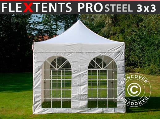 Tente pliante FleXtents PRO Steel Vintage Style 3x3m Blanc, avec 4 cotés
