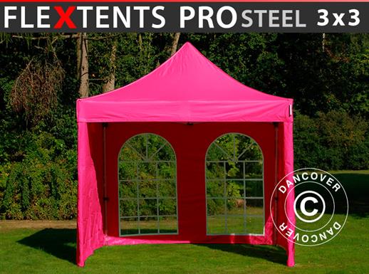 Vouwtent/Easy up tent FleXtents PRO Steel 3x3m Roze, inkl. 4 Zijwanden