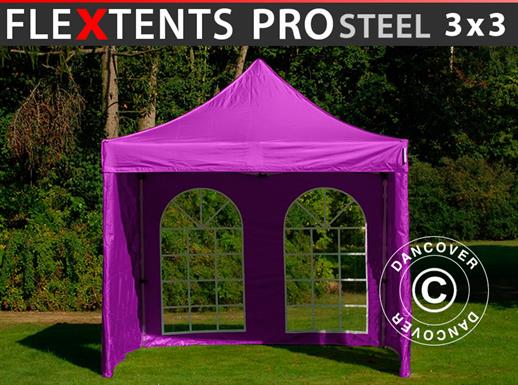 Vouwtent/Easy up tent FleXtents PRO Steel 3x3m Paars, inkl. 4 Zijwanden