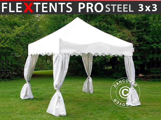 Pop up gazebo FleXtents PRO Steel "Wave" 3x3 m White, incl. 4 decorative curtains