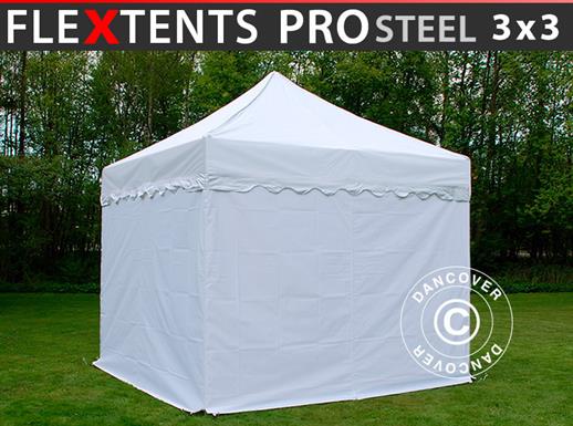 Vouwtent/Easy up tent FleXtents PRO Steel "Wave" 3x3m Wit, inkl. 4 Zijwanden