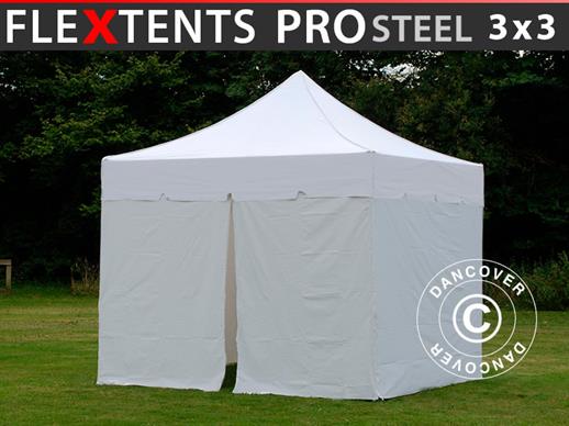 Tente Pliante FleXtents PRO Steel "Peaked" 3x3m Blanc, avec 4 cotés