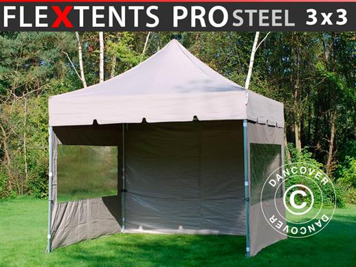 Quick-up telt FleXtents PRO Steel "Peaked" 3x3m Latte, inkl. 4 sider