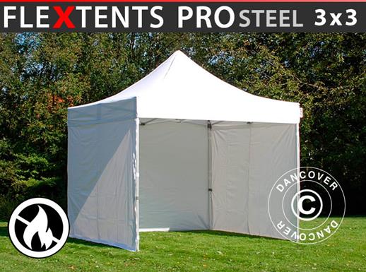 Quick-up telt FleXtents PRO Steel 3x3m Hvit, Flammehemmende, inkl. 4 sider