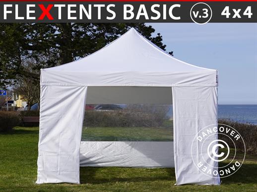 Vouwtent/Easy up tent FleXtents Basic v.3, 4x4m Wit, inkl. 4 Zijwanden
